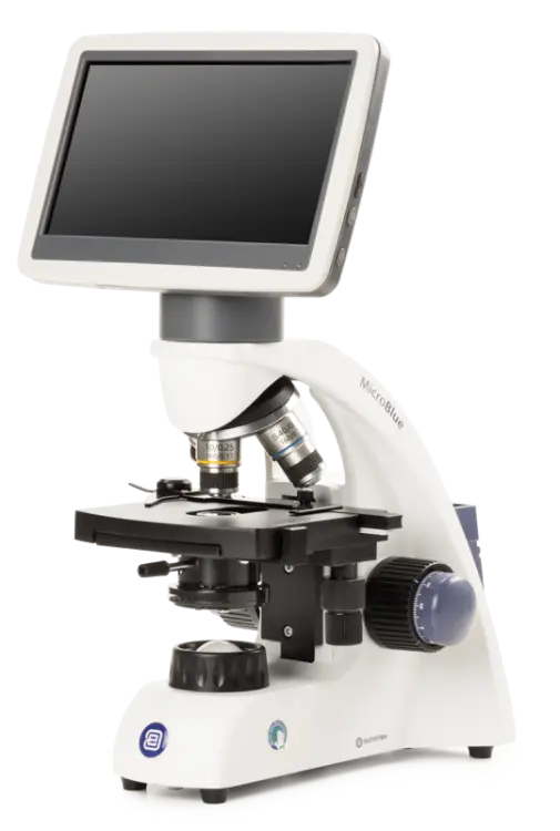 MicroBlue microscope with fixed 7 inch LED screen. Achromatic 4/10/S40x