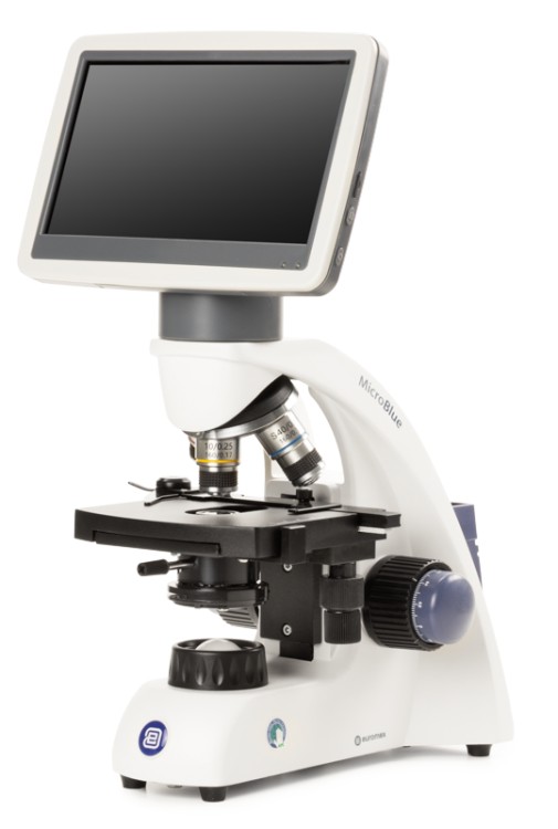 MicroBlue microscope with fixed 7 inch LED screen. Achromatic 4/10/S40x